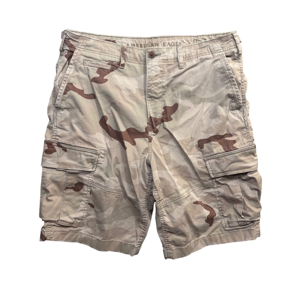 American Eagle Mens Flex Cargo Shorts 36 Desert Camo Tan Brown Multi Pocket